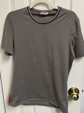 Prada Men's Gray Short-Sleeve Crewneck Tee with Subtle Trim